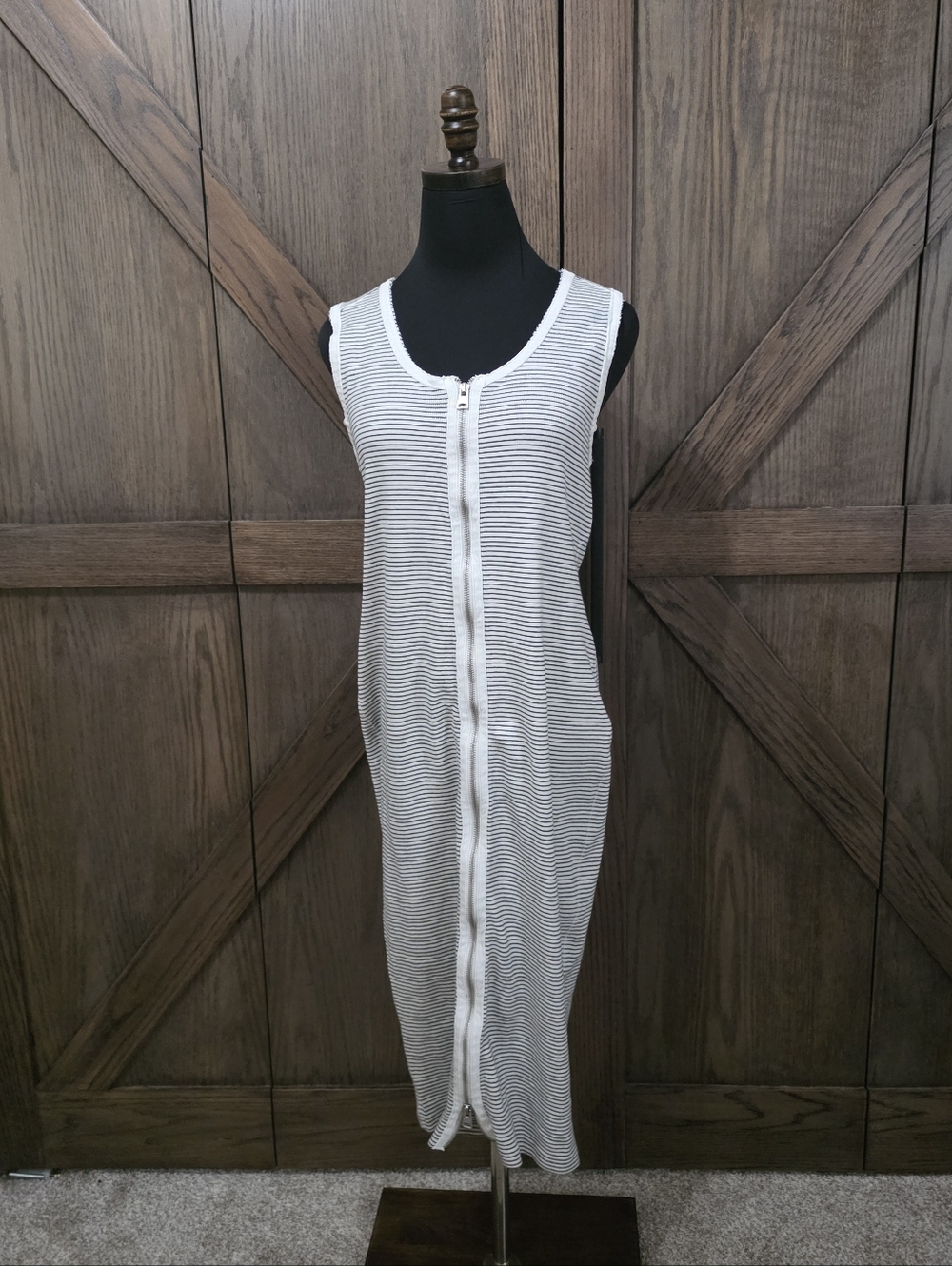 All Saints White and Black Striped Midi Dress with Front Zip